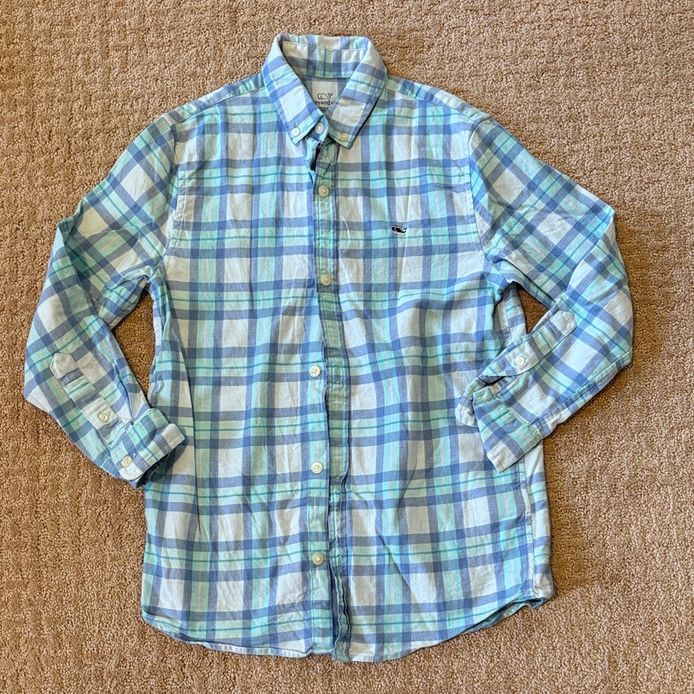 VGUC boys vineyard vines Blue Plaid flannel Shirt, size S, 8-10